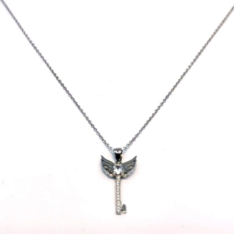 Silberne Kette mit weißem Stein Engelsflügel Schlüsselanhänger