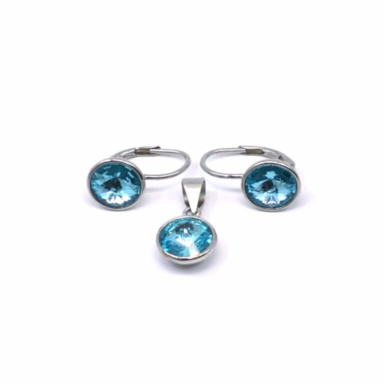 Silver light blue stone earrings with patent closure and pendant