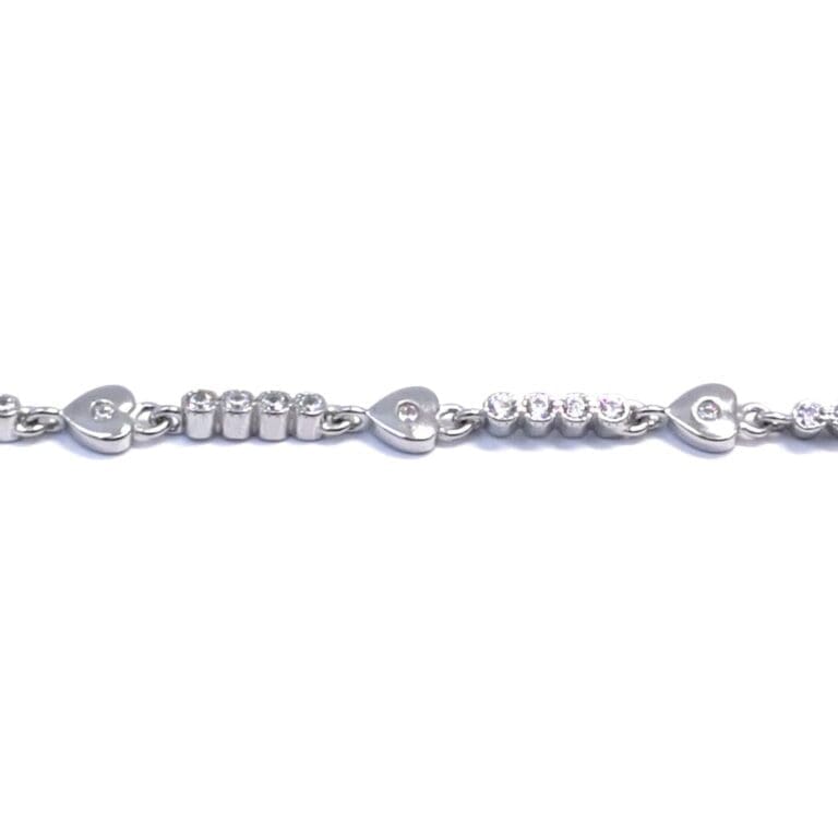 Silver white stone heart motif button bracelet