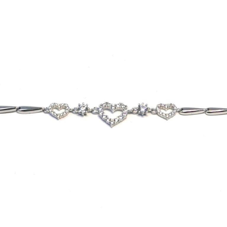 Silver white stone bracelet with 3 hearts