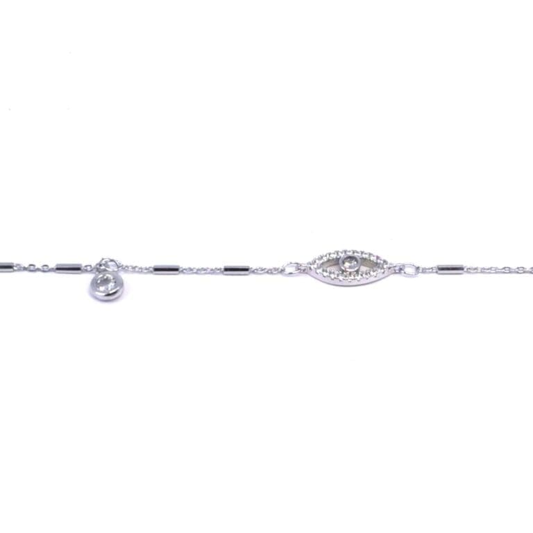 Silbernes Kettenarmband mit weißem Stein und Augenmotiv