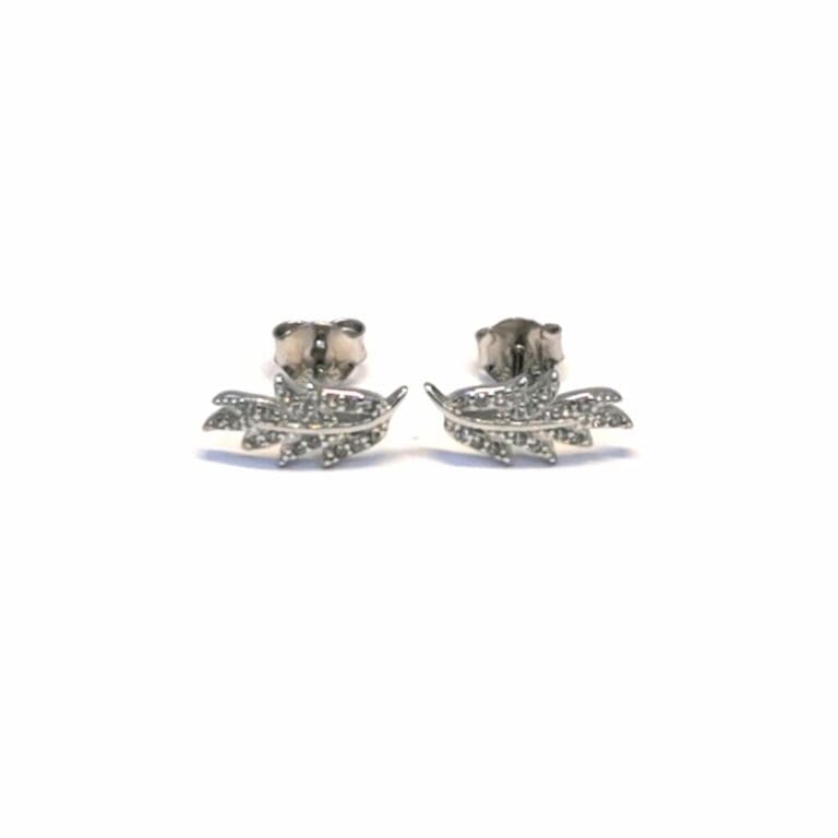 Silver white stone leaf stud earrings