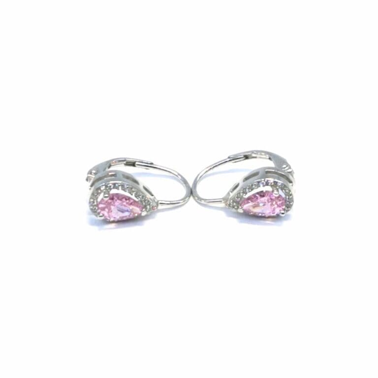 Silver white-pink drop earrings with drop shaped stones and patent closure