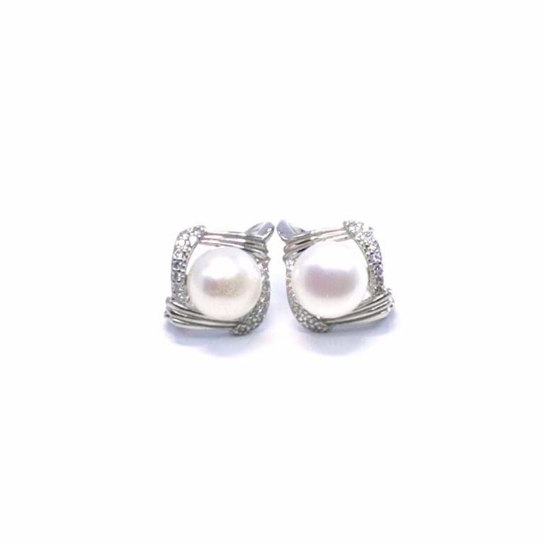 White stone pearl earrings with patent closure