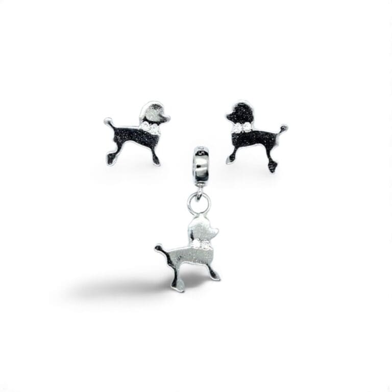 Silver stekker dog set with white stone