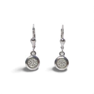 White stone round silver micro setting dangle earrings
