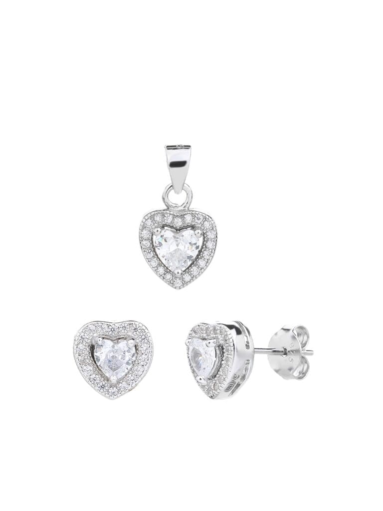 Silver white heart shaped zirconia stud earrings and pendant set