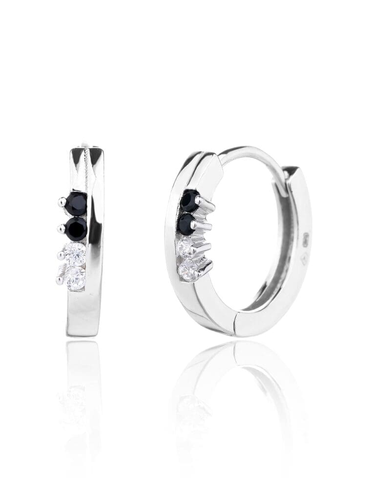 Silver black and white zirconia stone hoop earrings