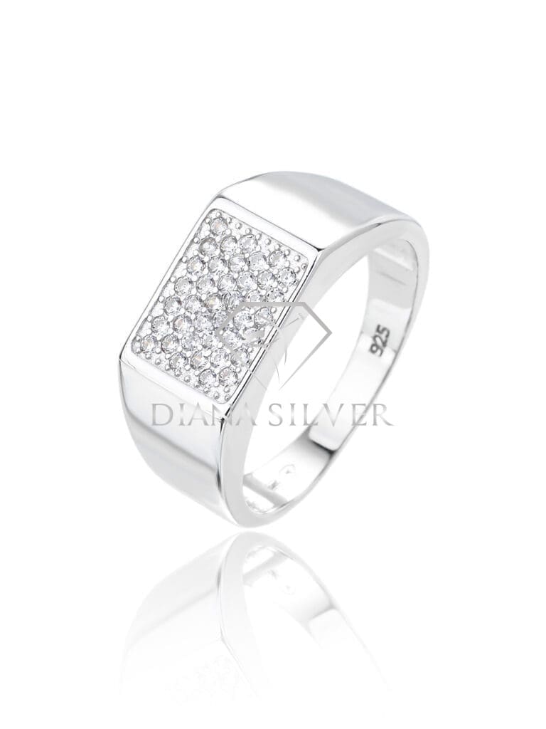 Silver men's ring with white cubic zirconia stones