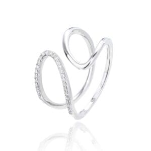 Silver wavy line ring with white cubic zirconia stones