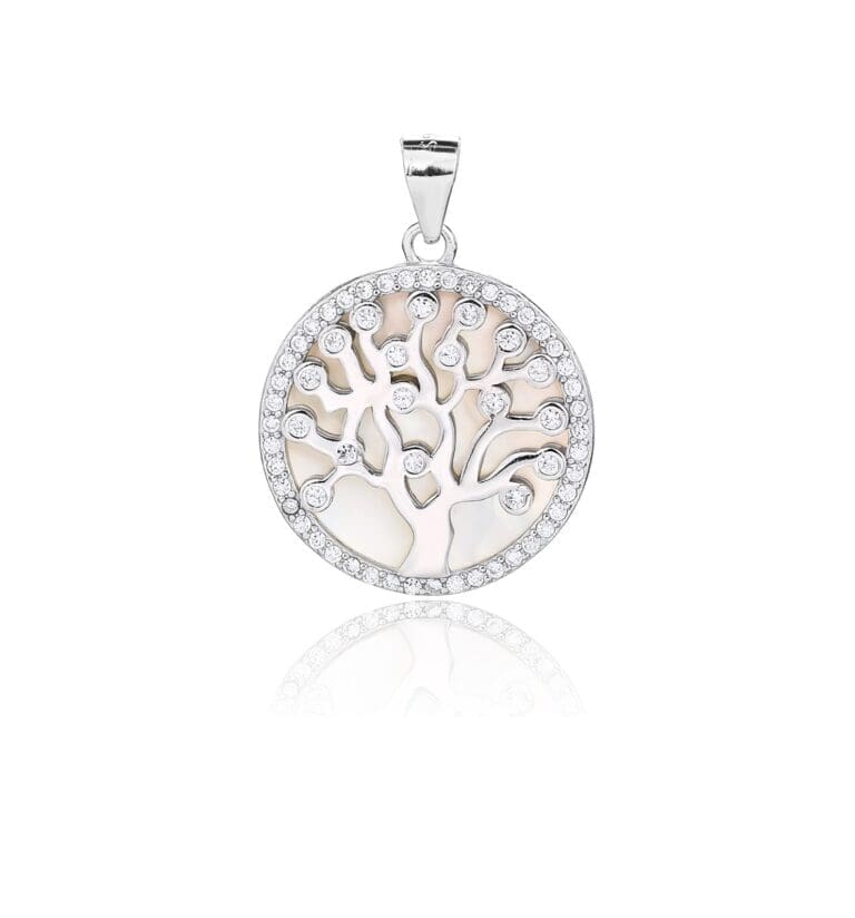 Silver pendant Tree of Life motif with zirconia decoration and mother of pearl inlay