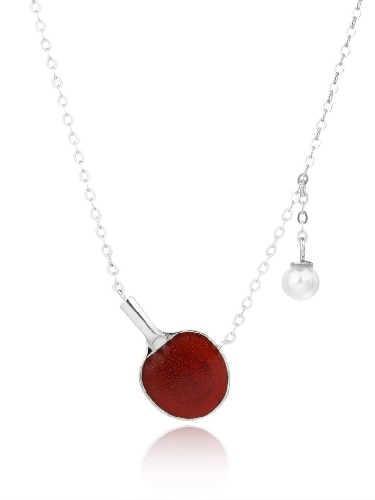 Silver ping pong paddle and ball pendant necklace with burgundy enamel and pearl
