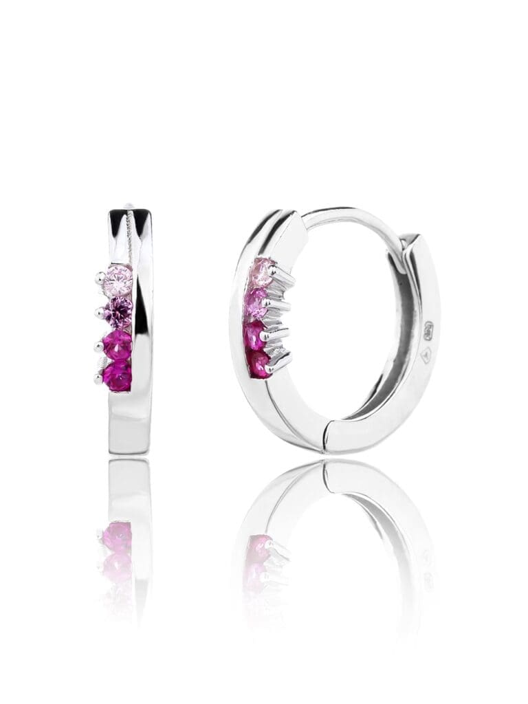 Silver pink - red and pink cubic zirconia stone hoop earrings