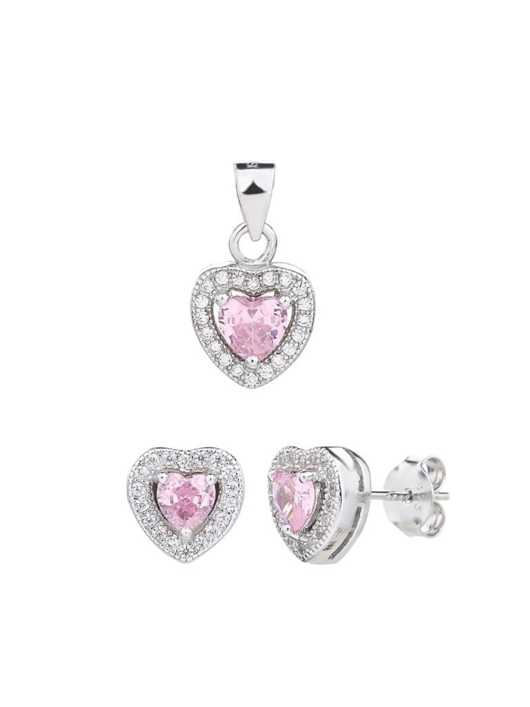 Silver pink heart shaped zirconia stud earrings and pendant set