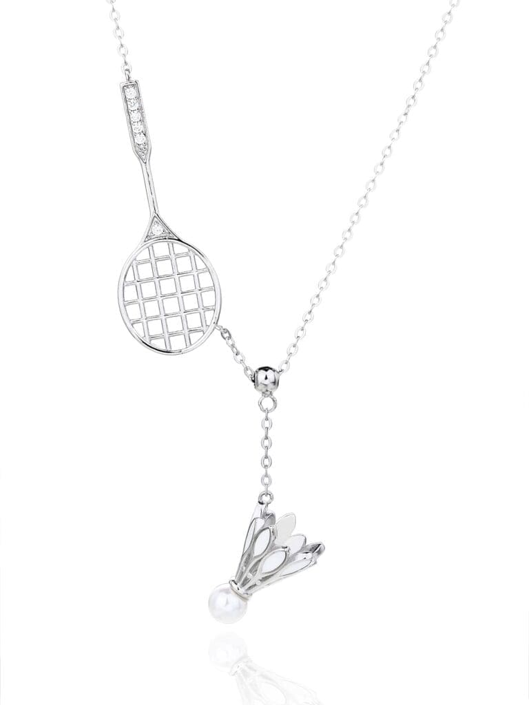 Silver badminton and badminton ball pendant necklace with white cubic zirconia and pearl