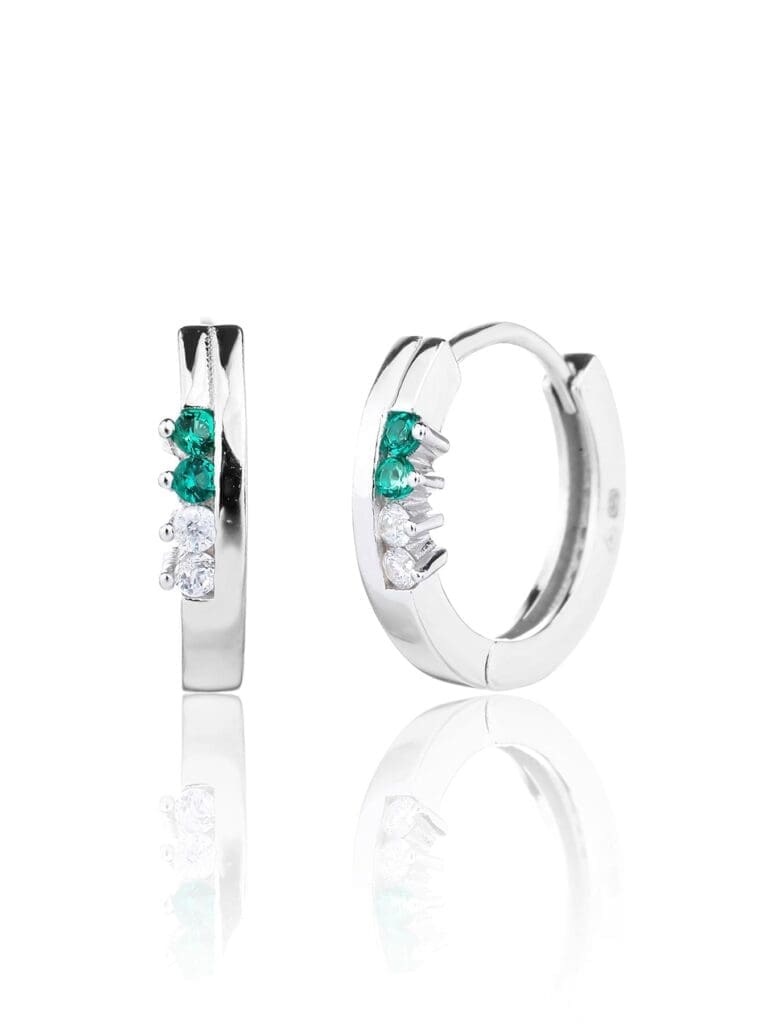 Silver green and white cubic zirconia stone hoop earrings