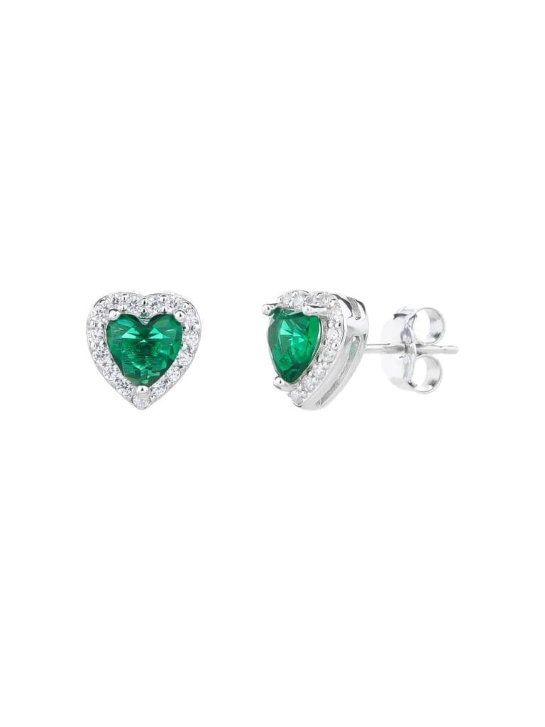 Silver green heart shaped stone stud earrings with white cubic zirconia