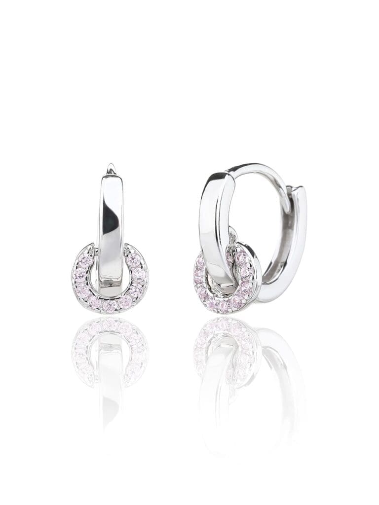 Silver pink zirconia stone hoop earrings