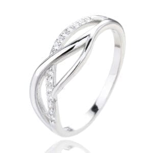 Silver ring with curved motif and white stones