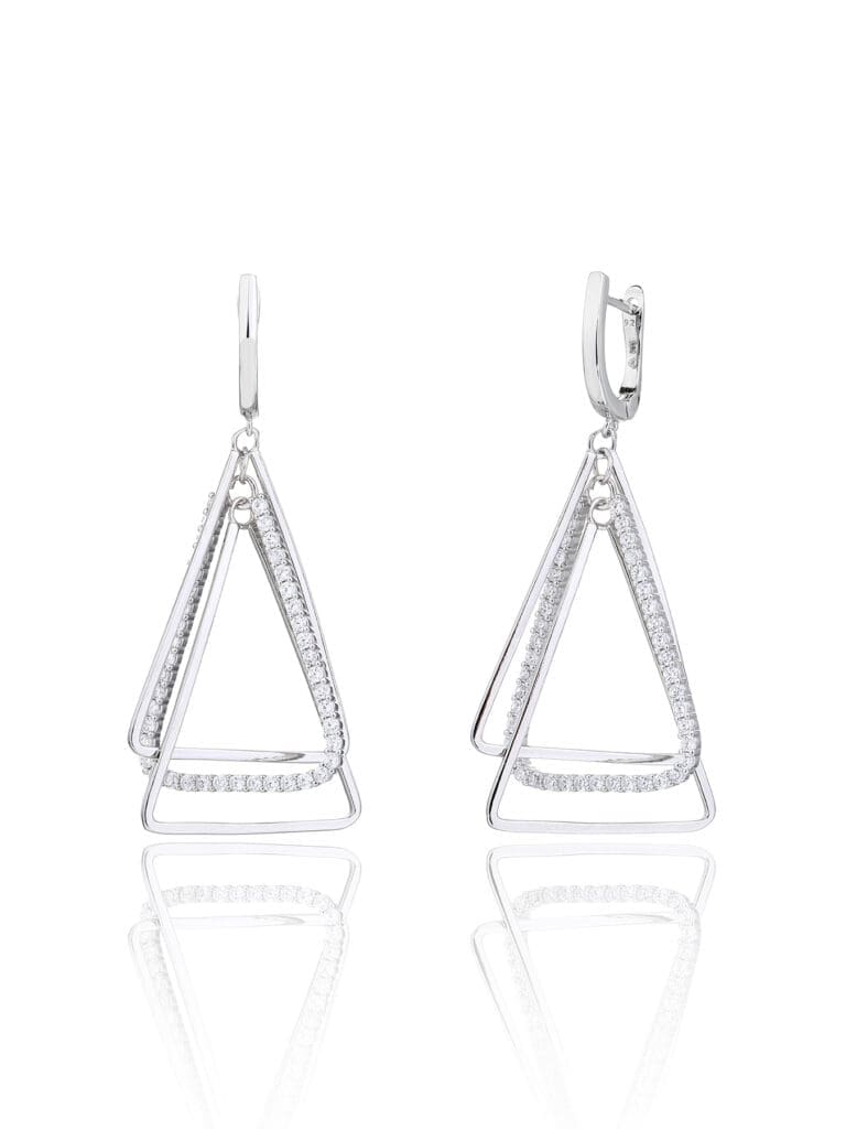 Silver triangle shape earrings with white stones