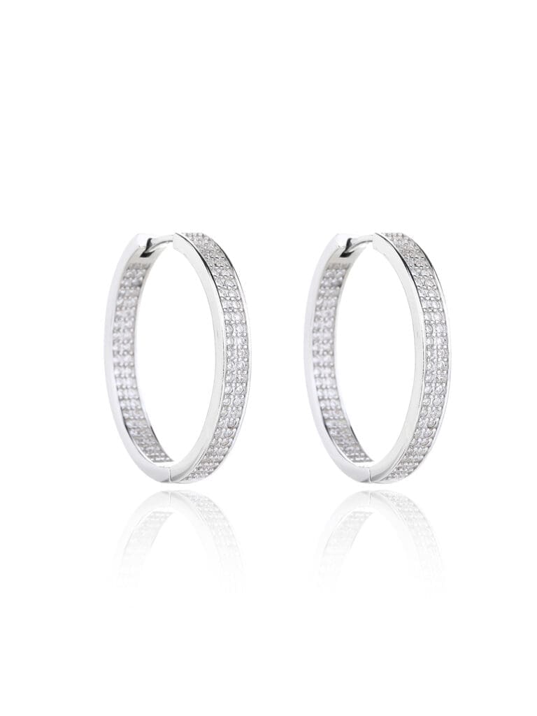 Silver hoop earrings with white cubic zirconia stones