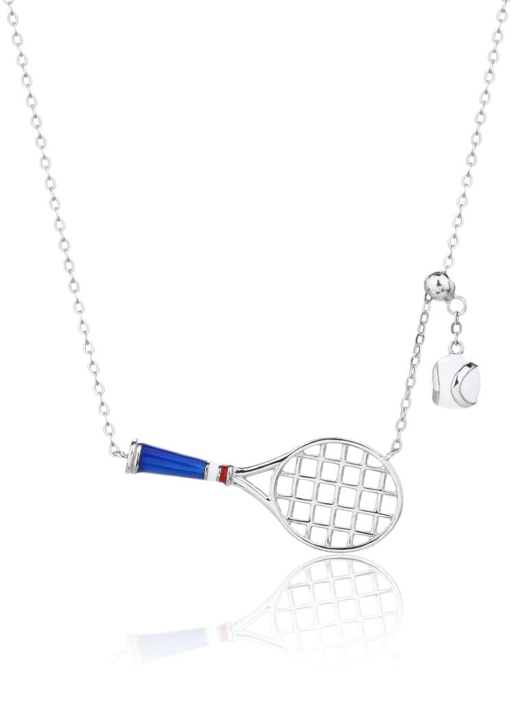 Silver necklace with tennis racket and ball pendant