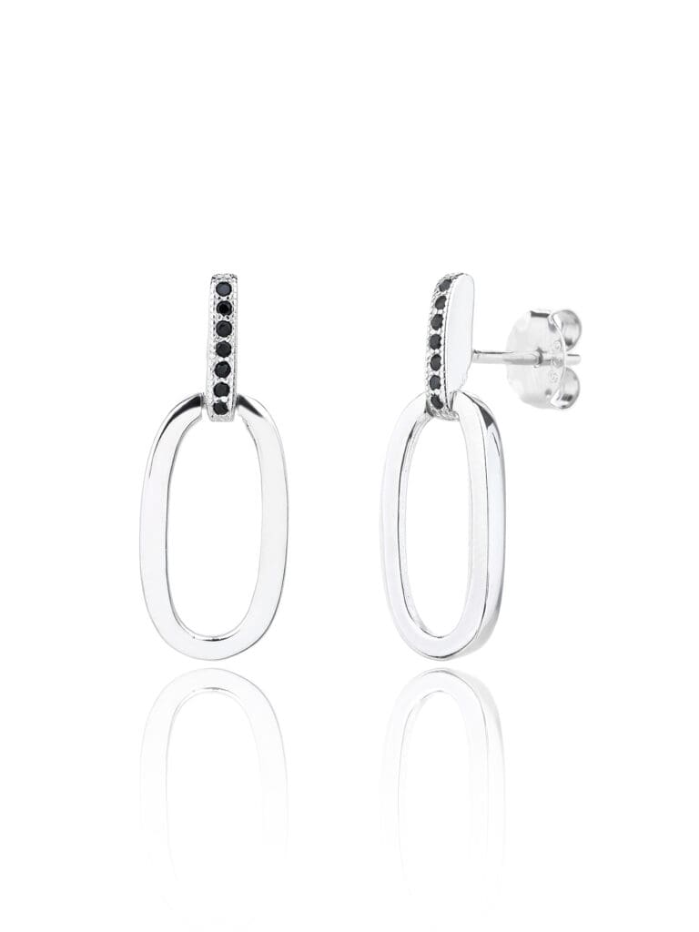 Silver oval dangle earrings with black stones
