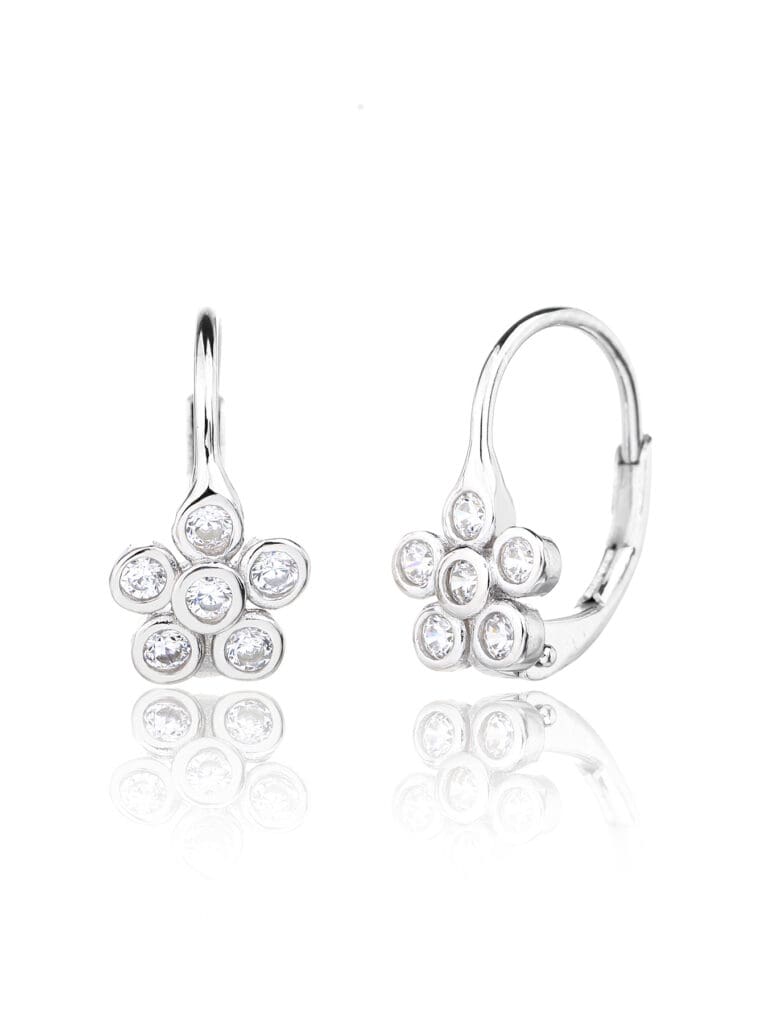 Silver flower earrings with white zirconia