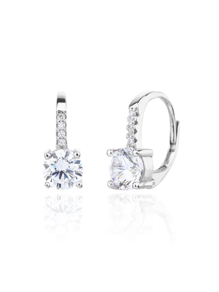 Silver round cubic zirconia stone earrings with patent closure