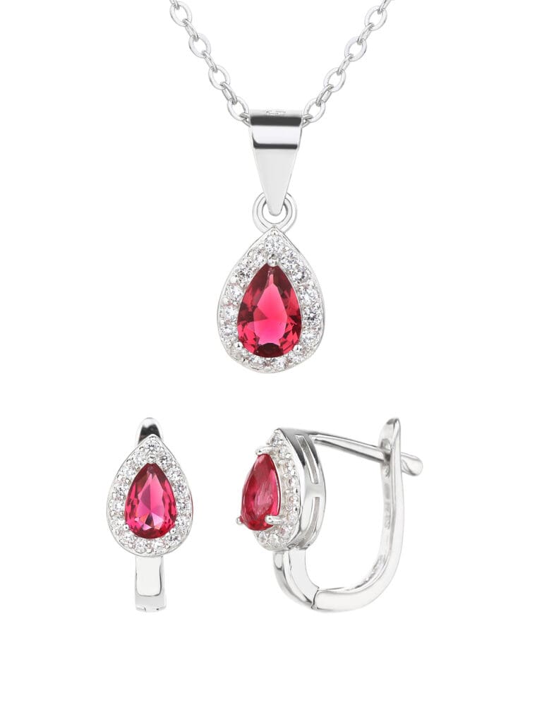Drop shaped fuchsia red stone with white cubic zirconia stones (without chain)