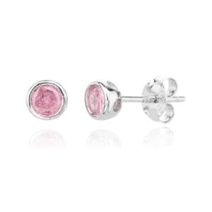 Silver buton stud stud earrings with pink cubic zirconia stone