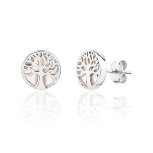 Silver tree of life stud earrings with mother of pearl inlay