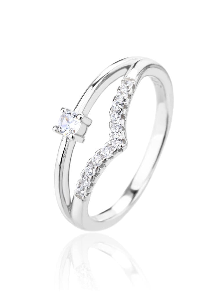 Silver engagement ring with white cubic zirconia stones