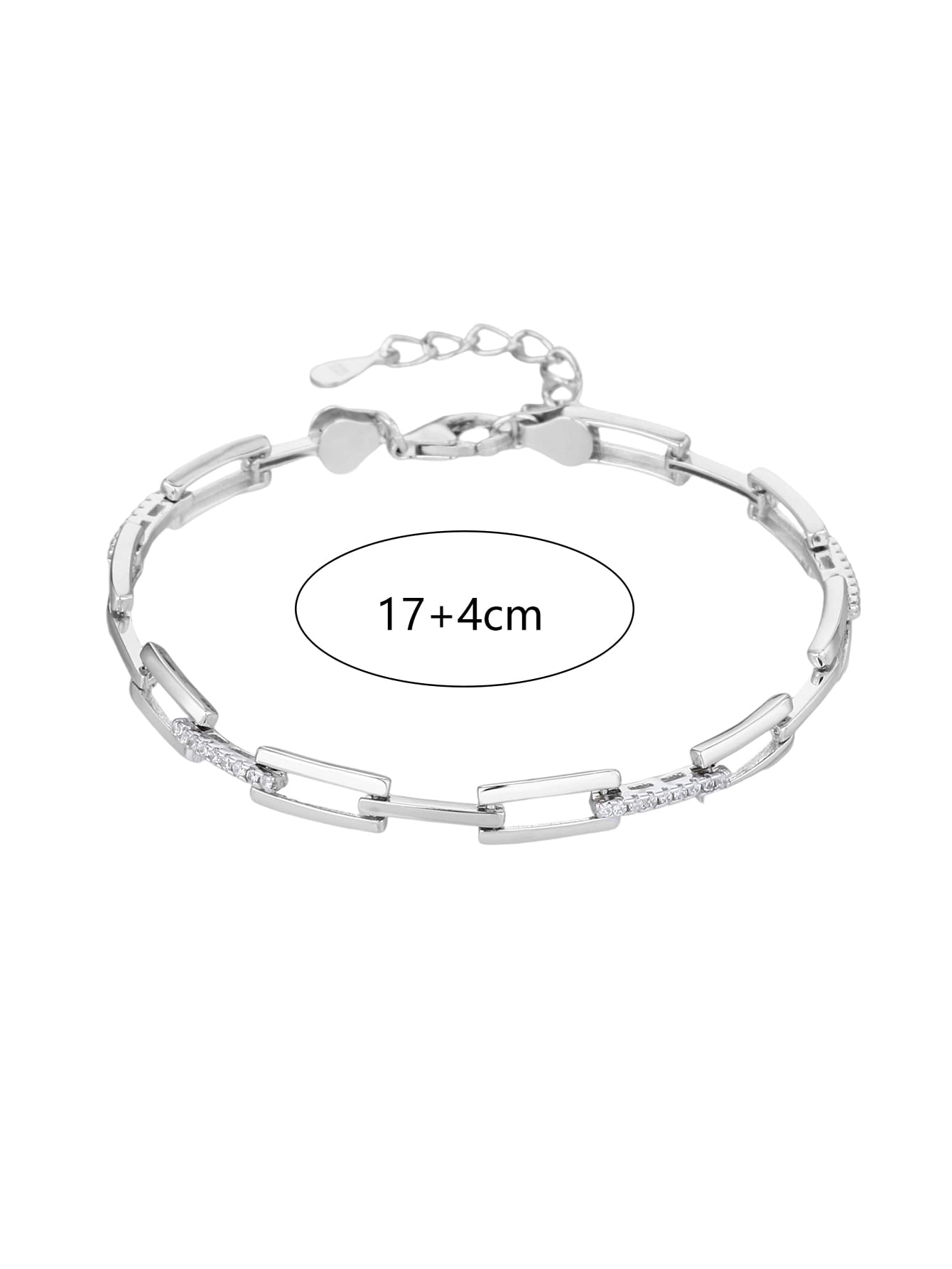 Ezüst karkötő téglalap láncszemekkel és cirkónia kövekkel (17+4 cm)