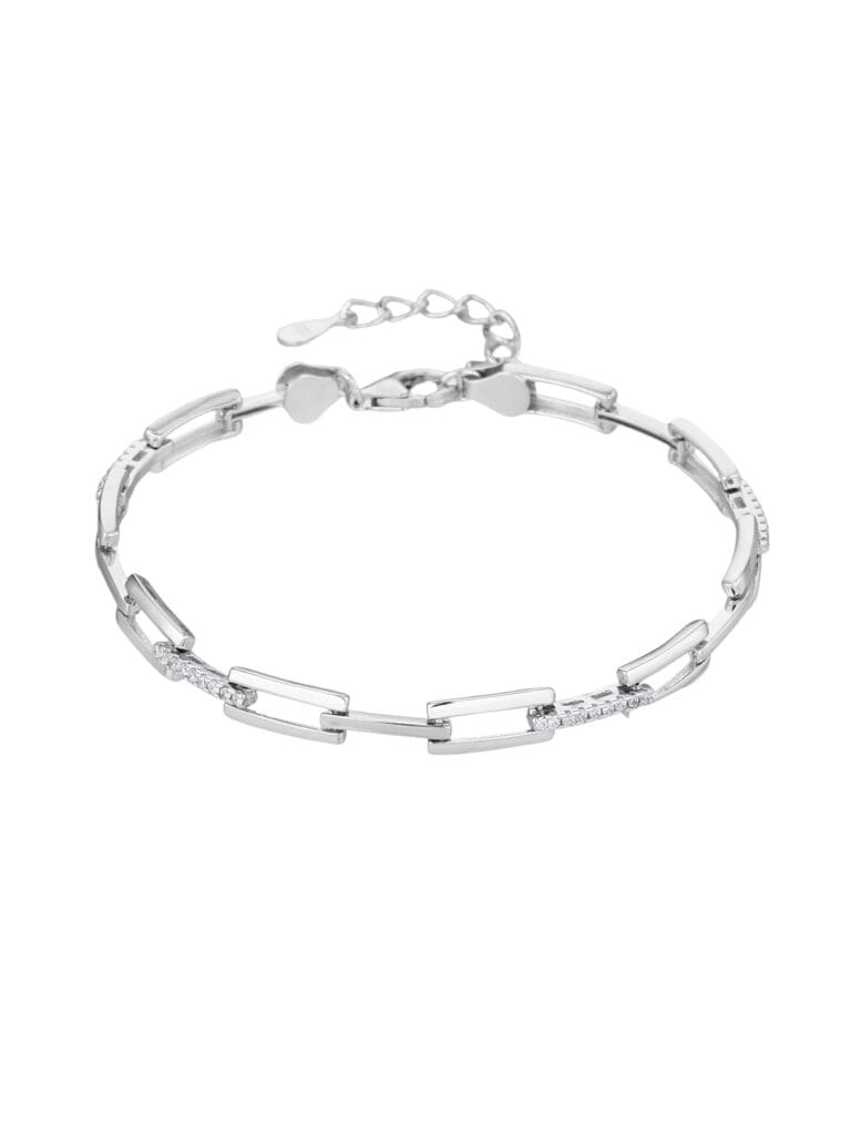 Silver bracelet with rectangle links and cubic zirconia stones (17+4 cm)