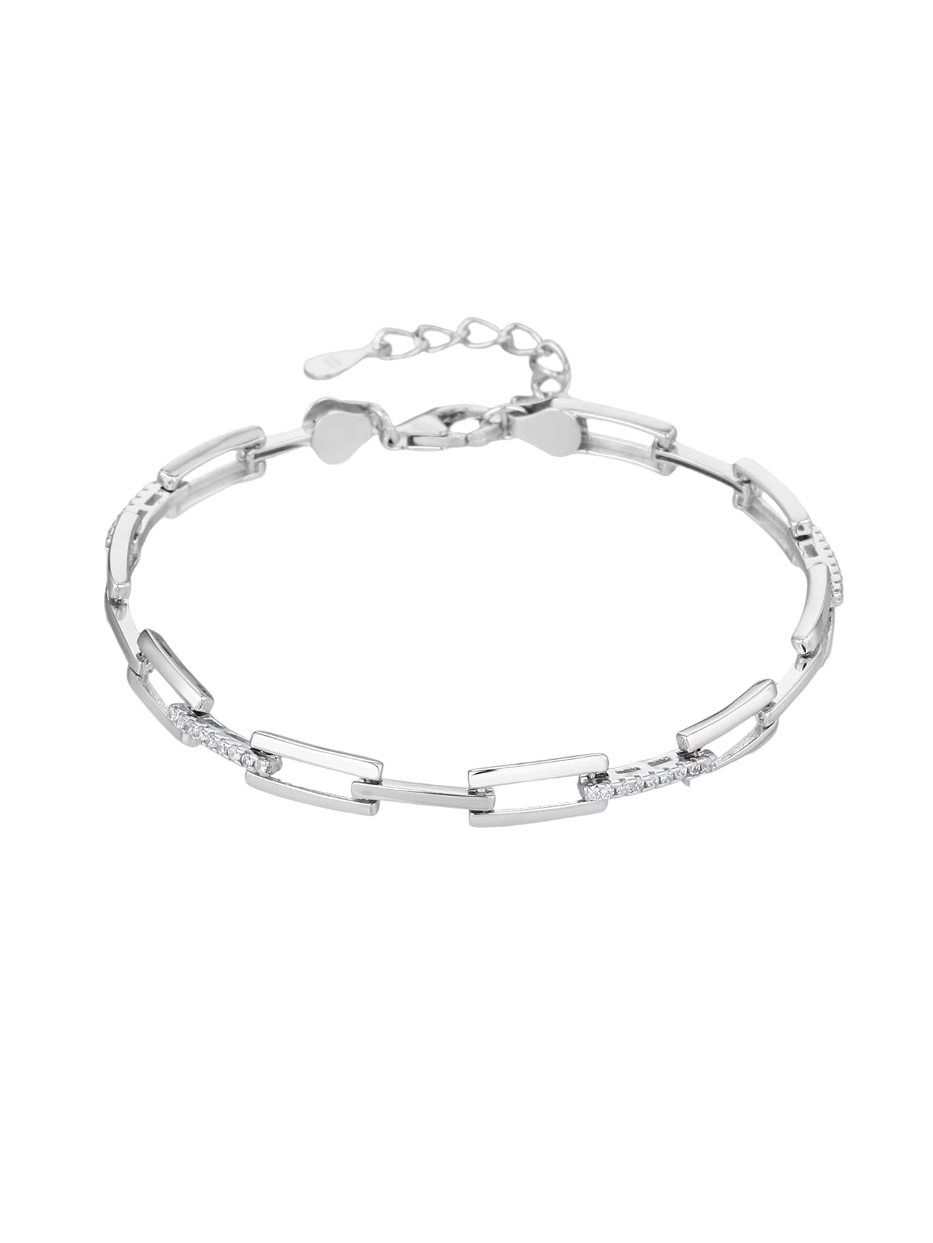 Ezüst karkötő téglalap láncszemekkel és cirkónia kövekkel (17+4 cm)_1