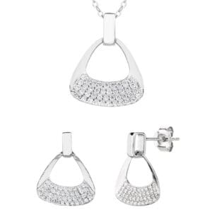 Triangular shaped jewel set with white cubic zirconia stones
