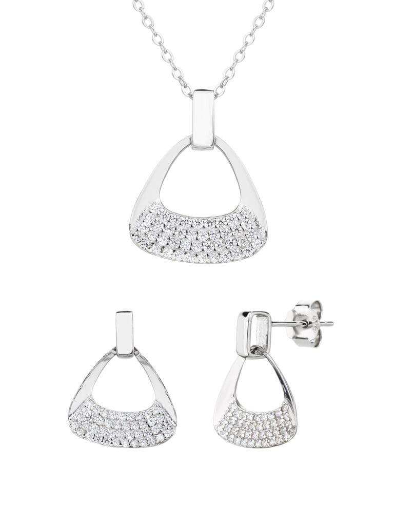 Triangular shaped jewel set with white cubic zirconia stones