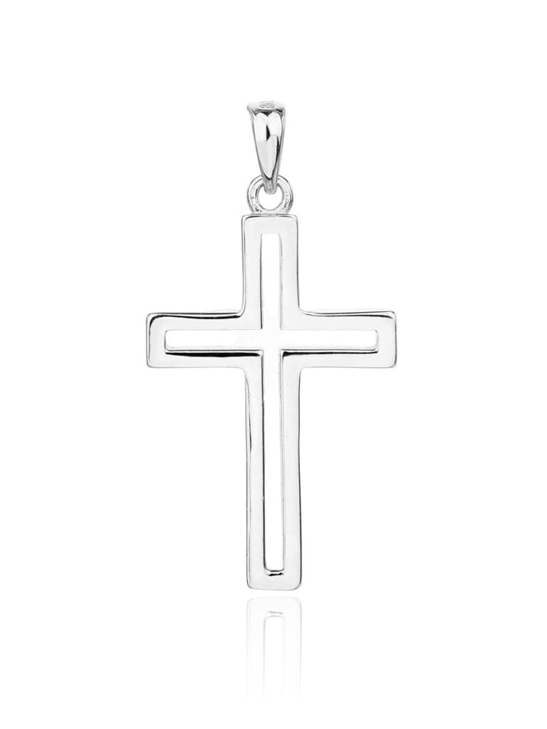 Rhodium plated contoured cross pendant