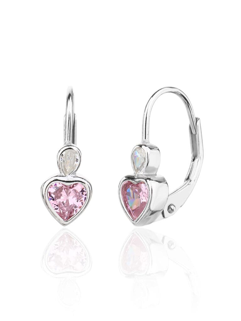 Pink heart shaped zirconia stone children's earrings