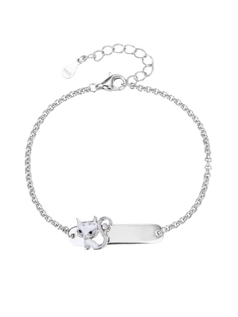 Silver bracelet for children with kitten, engravable (13+4 cm)