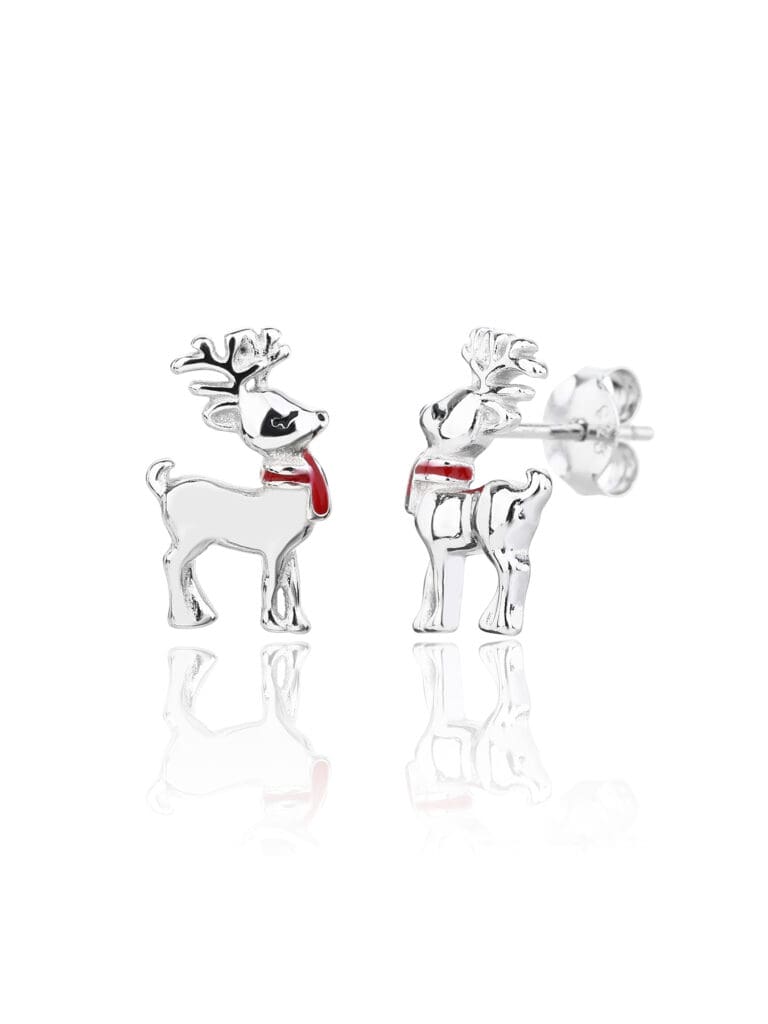 Silver reindeer earrings with red scarf