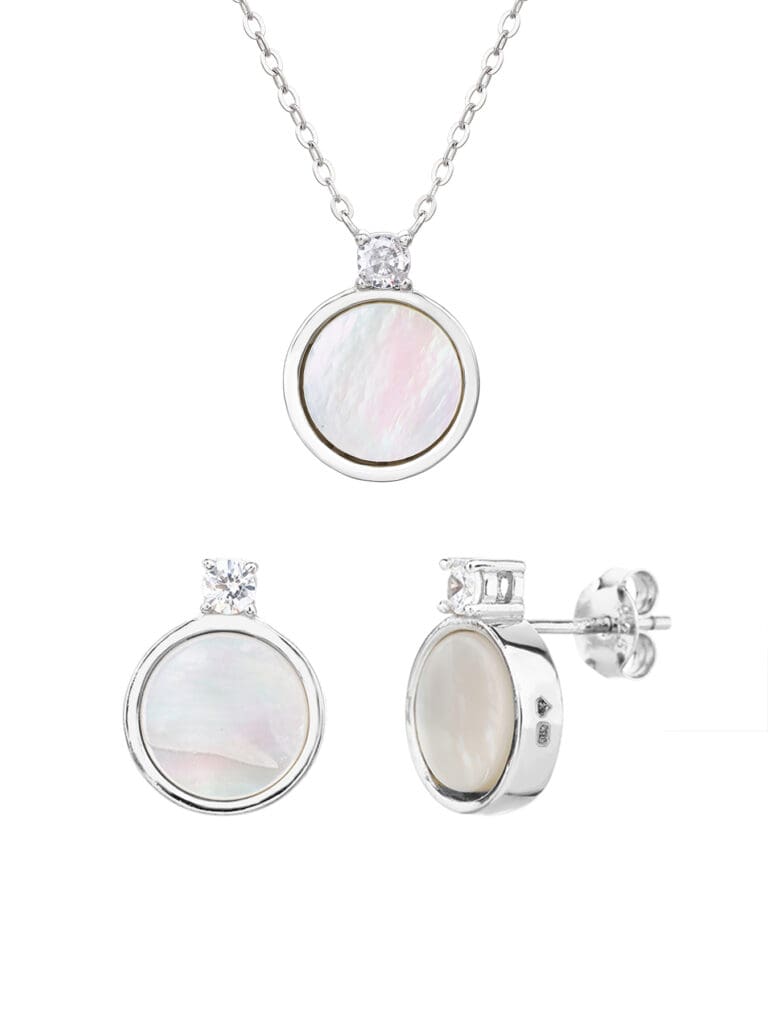 Mother of pearl silver bezel set with rhodium plated cubic zirconia stones - without chain
