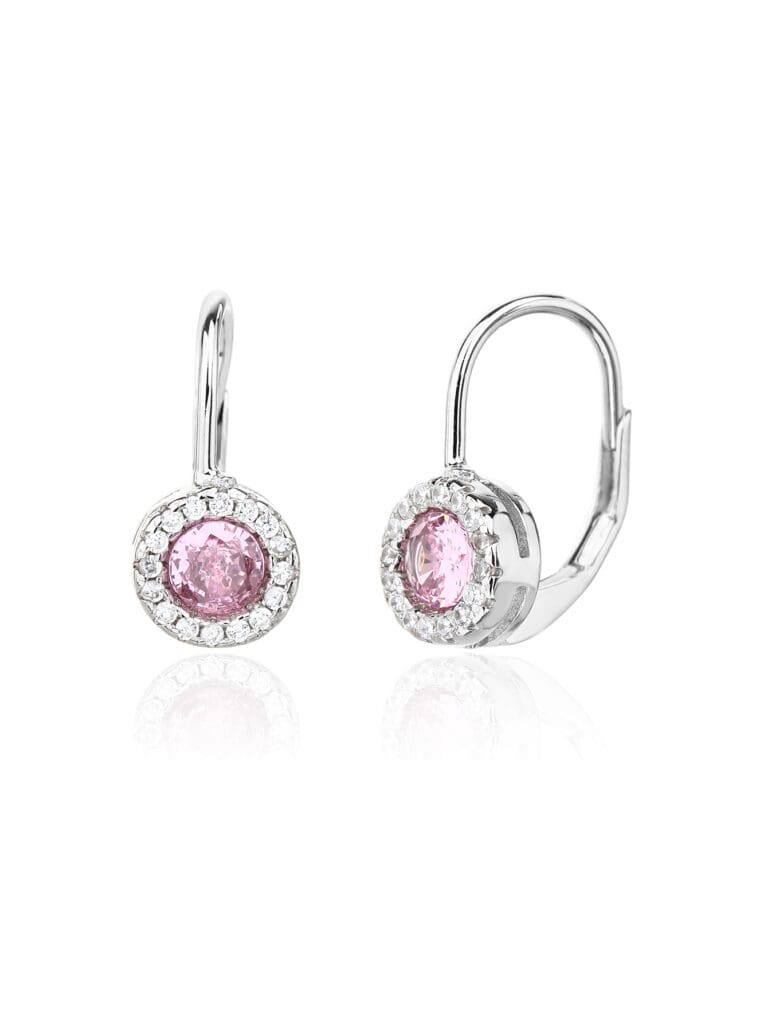 Pink cubic zirconia sterling silver earrings with rhodium plating