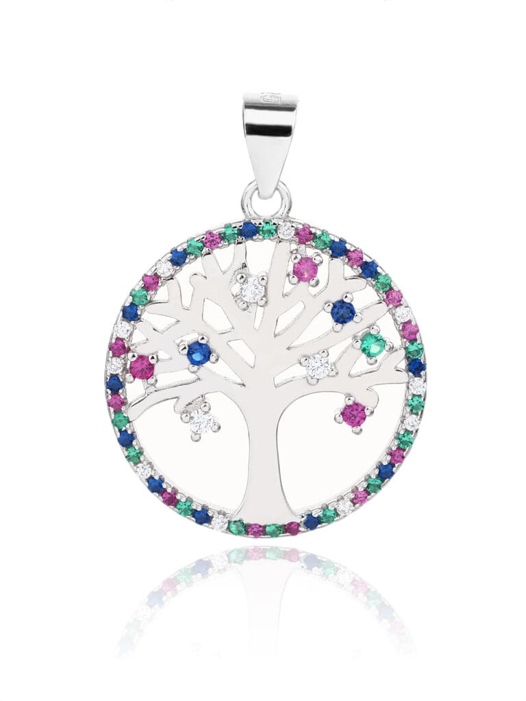 Coloured zirconia stone tree of life silver pendant with rhodium plating - without chain