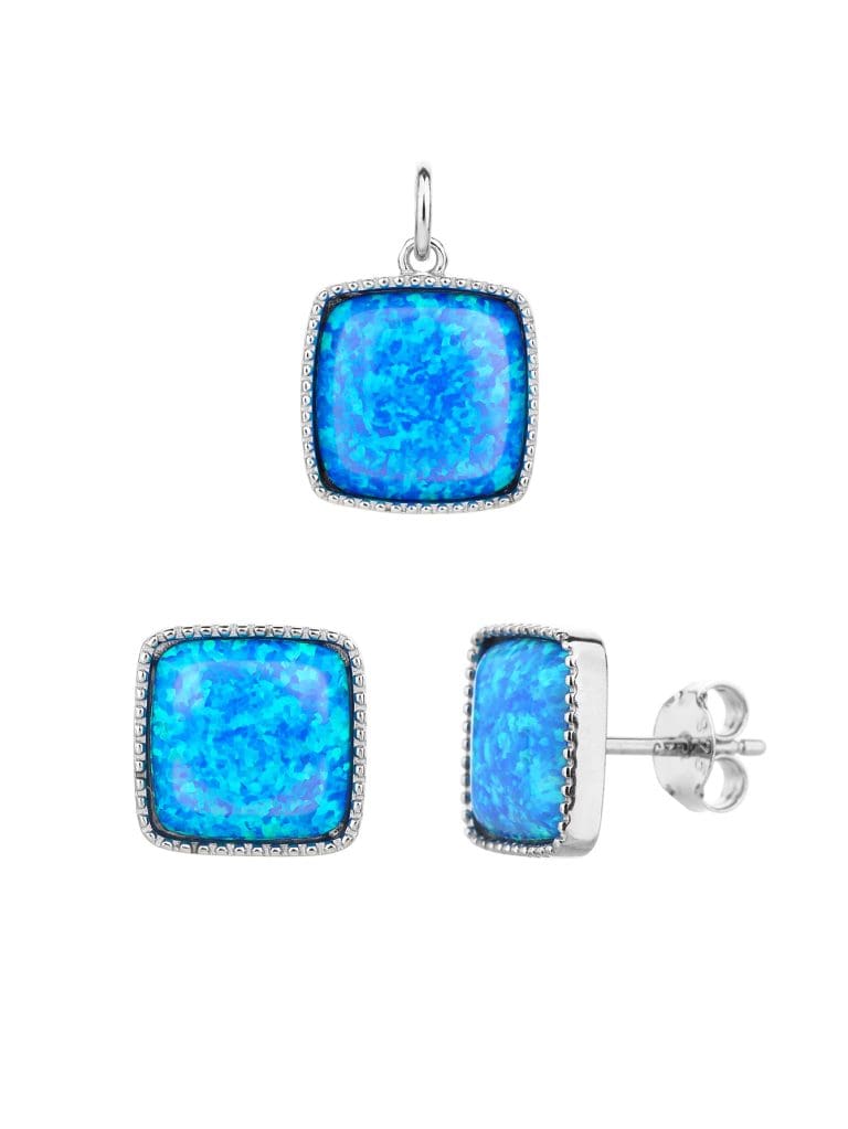 Quadratisches Schmuckset mit dunkelblauem Opal - AG 925 Sterlingsilber, rhodiniert (ohne Kette)