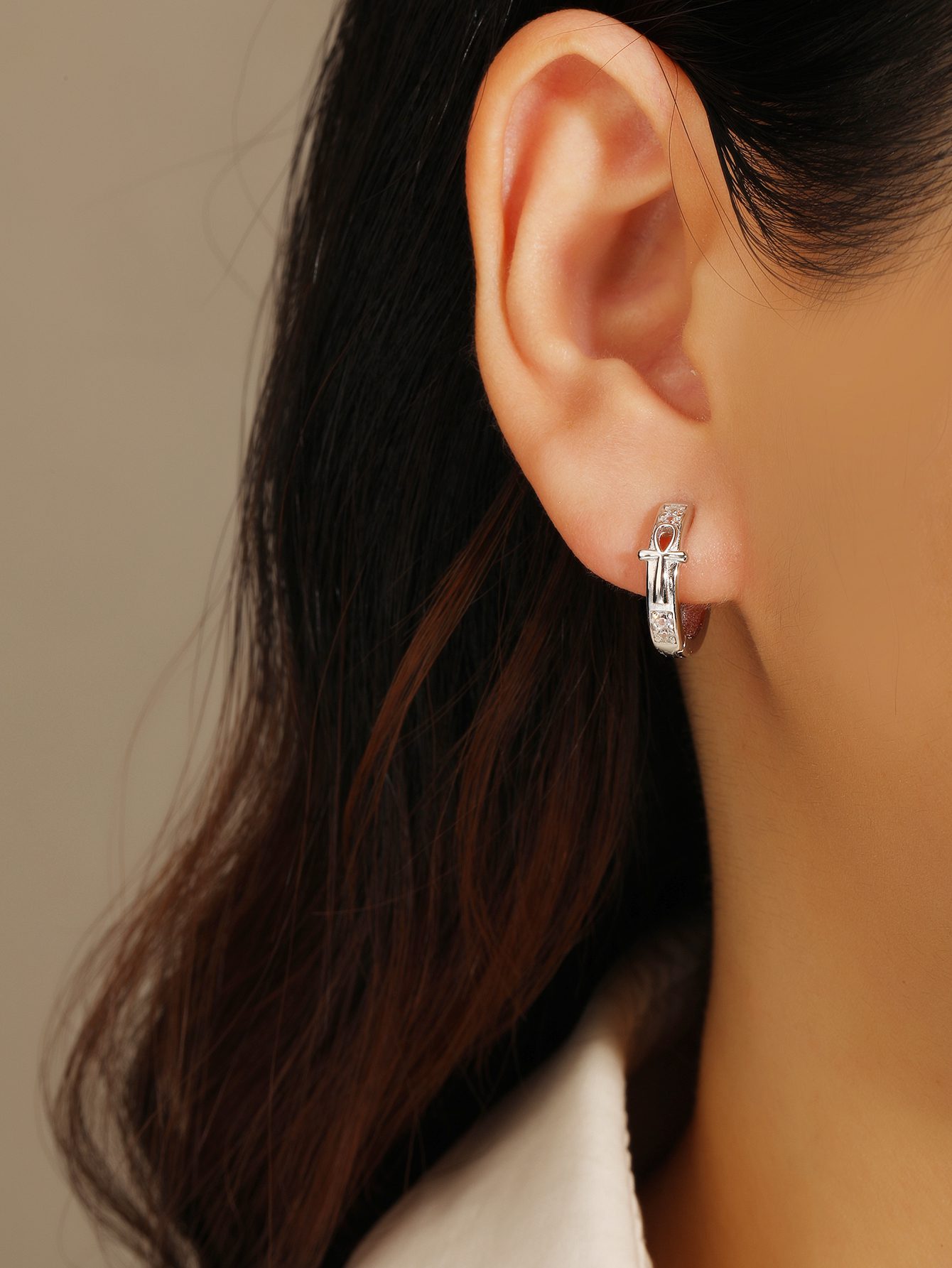 Ankh Cross Decorative Hoop Earrings with Zirconia Stones 1