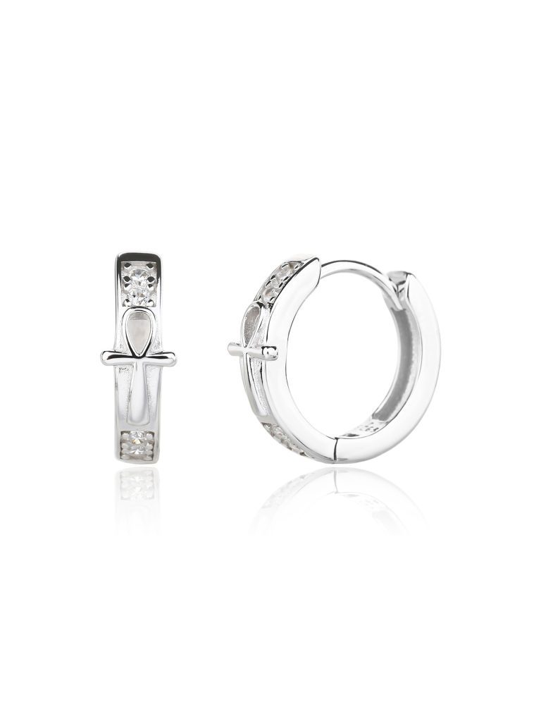 Ankh Cross Hoop Earrings with Zirconia Stones, AG 925 Rhodium-Plated Silver (1.4 × 0.5 cm)