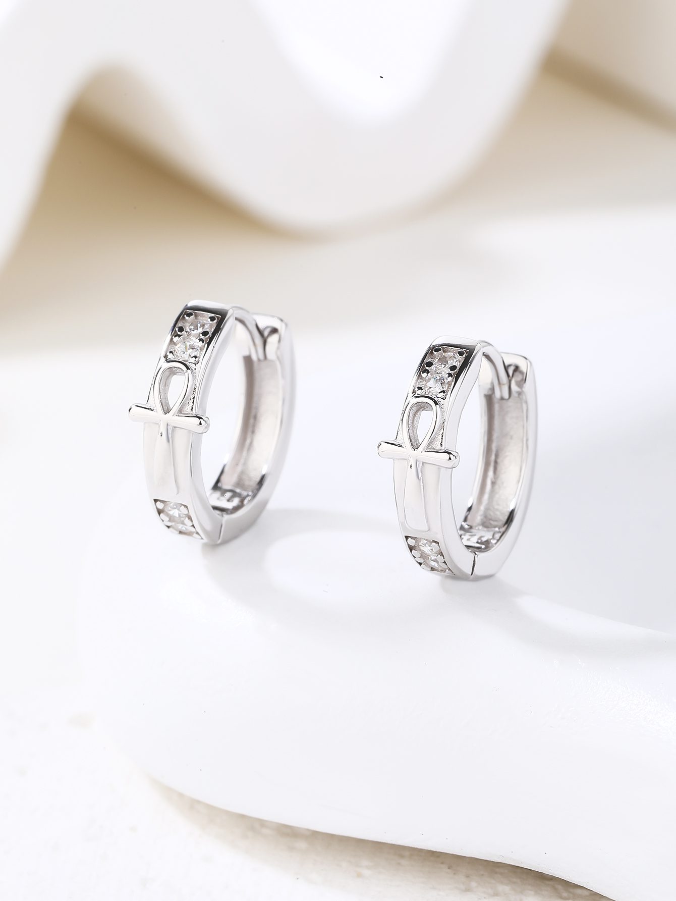 Ankh Cross Decorative Hoop Earrings with Zirconia Stones 4