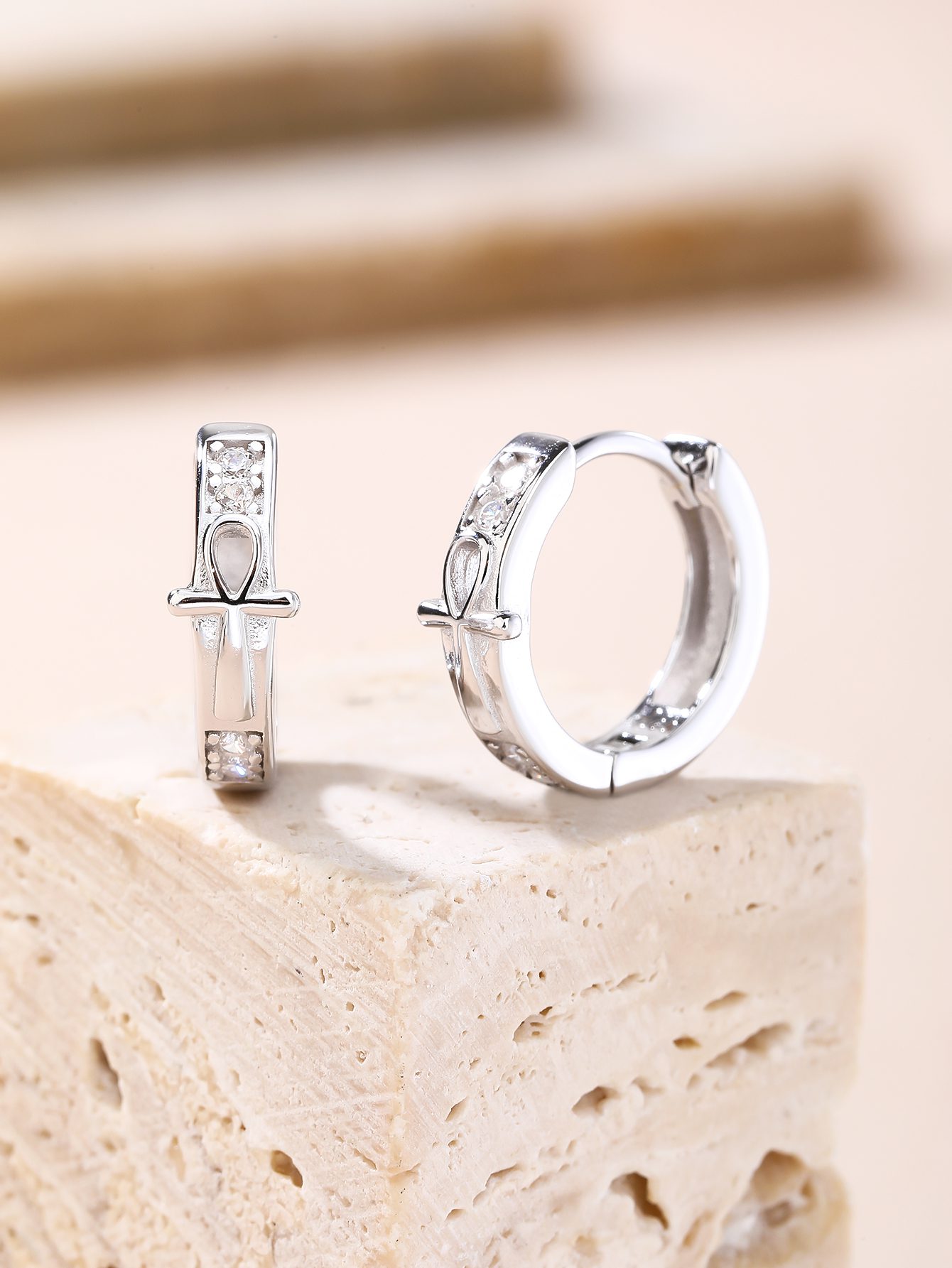 Ankh Cross Decorative Hoop Earrings with Zirconia Stones 5